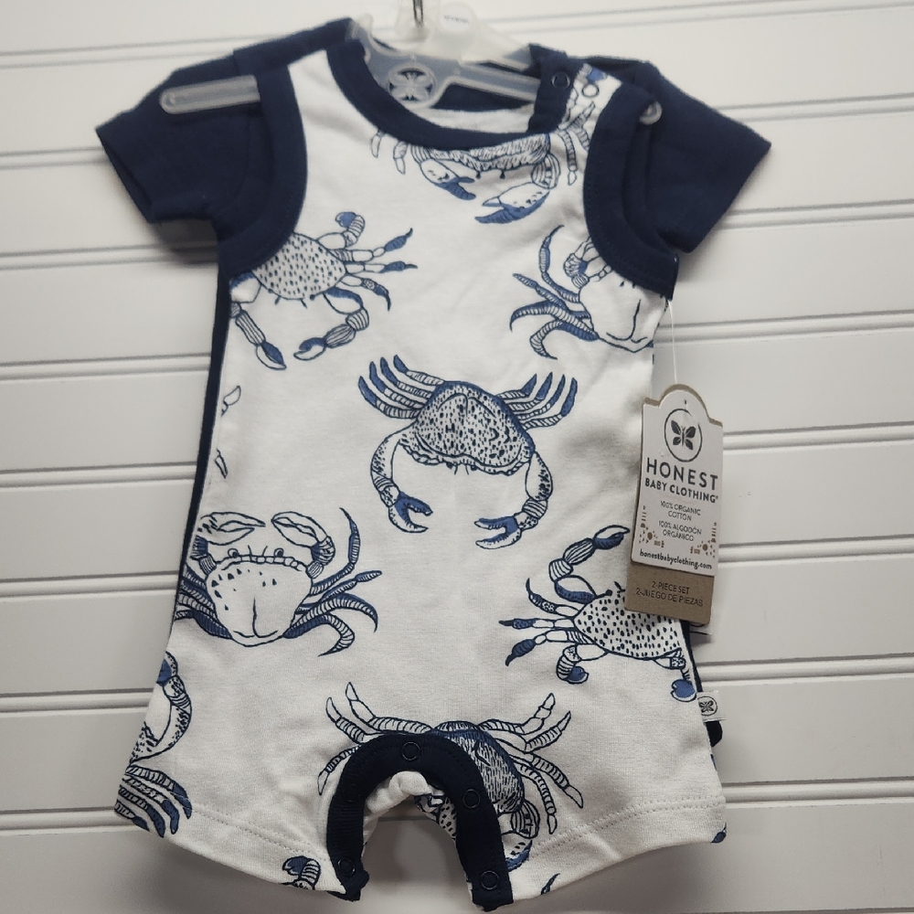 Honest Baby Clothing 2 Rompers Crab Print/ Navy Organic Cotton Size Newborn NWT